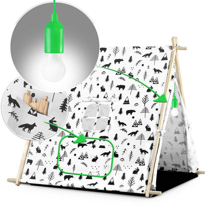Cort de Joaca cu Lumini idealStore TIPI,cu Perne, Covoras Izolator, Structura Stabila,Desen Animalute