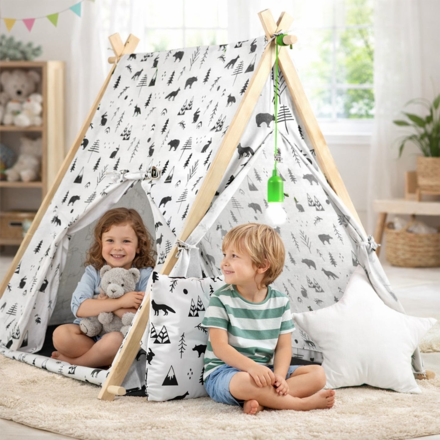 Cort de Joaca cu Lumini idealStore TIPI,cu Perne, Covoras Izolator, Structura Stabila,Desen Animalute
