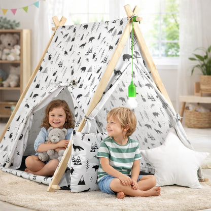Cort de Joaca cu Lumini idealStore TIPI,cu Perne, Covoras Izolator, Structura Stabila,Desen Animalute