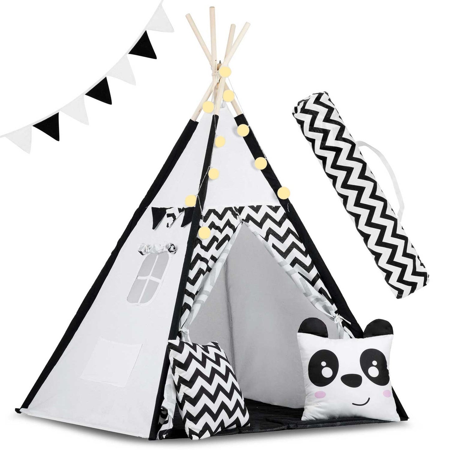 Cort de joaca cu lumini idealSTORE Panda TIPI,Bumbac Natural,Covoras Izolator,Husa de Depozitare