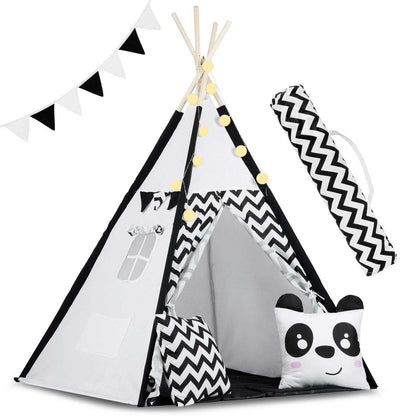 Cort de joaca cu lumini idealSTORE Panda TIPI,Bumbac Natural,Covoras Izolator,Husa de Depozitare