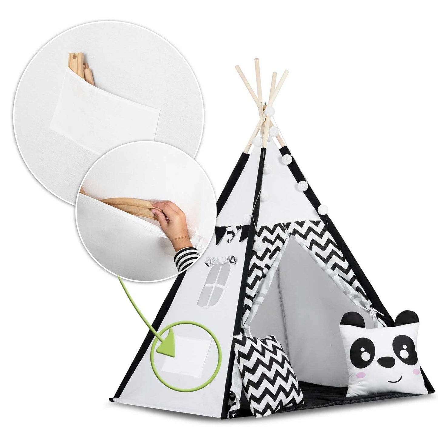 Cort de joaca cu lumini idealSTORE Panda TIPI,Bumbac Natural,Covoras Izolator,Husa de Depozitare