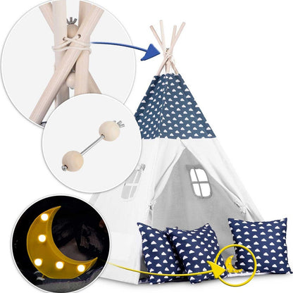 Cort de joaca cu lumini idealSTORE Moon Tipi,Bumbac Natural,Include perne,covoras izolator,Husa de depozitare,Albastru