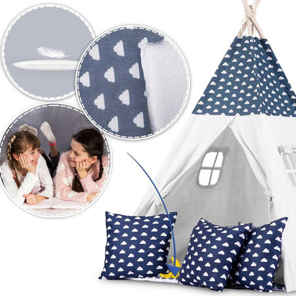 Cort de joaca cu lumini idealSTORE Moon Tipi,Bumbac Natural,Include perne,covoras izolator,Husa de depozitare,Albastru