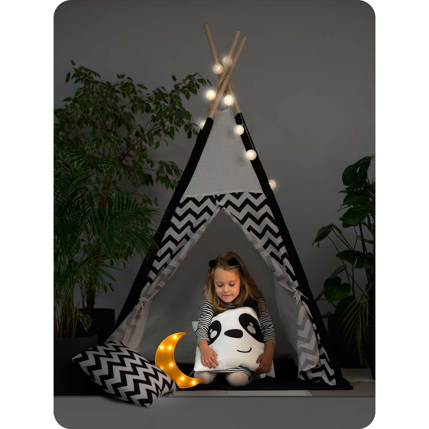 Cort de joaca cu lumini idealSTORE Panda TIPI,Bumbac Natural,Covoras Izolator,Husa de Depozitare