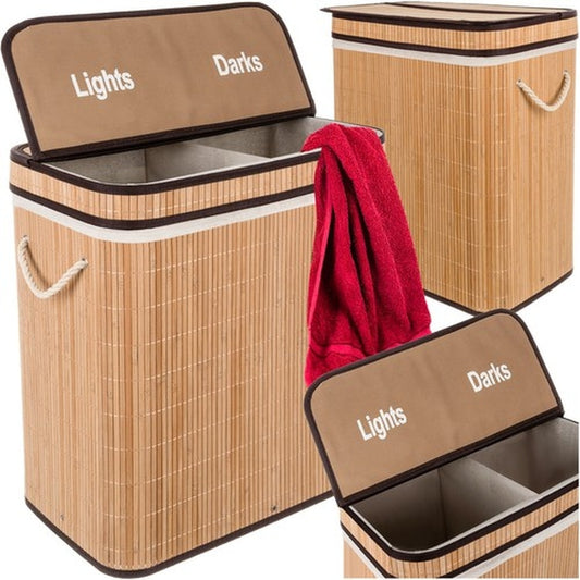 Cos de Rufe idealstore, din Bambus cu Capac, Doua Compartimente, Capacitate Mare 100 litri, Solid si Stabil, Compartiment pentru Haine de Culoare Inchisa si Deschisa, Usor de Asamblat, Insertie de Material Detasabila