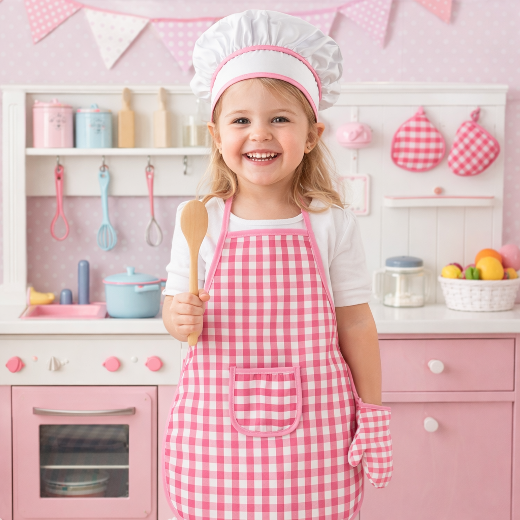 Costum Bucatar Copii 4 Piese Roz IdealStore – Set Bucatarie cu Sort, Caciula si Accesorii
