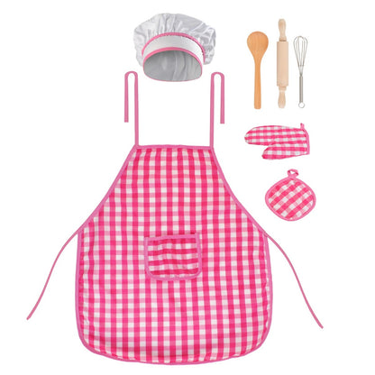 Costum Bucatar Copii 4 Piese Roz IdealStore – Set Bucatarie cu Sort, Caciula si Accesorii