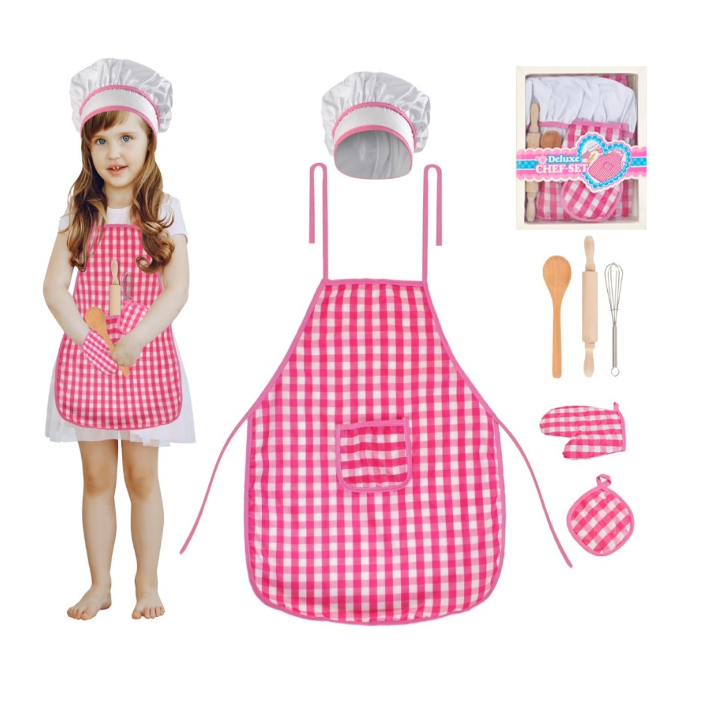 Costum Bucatar Copii 4 Piese Roz IdealStore – Set Bucatarie cu Sort, Caciula si Accesorii