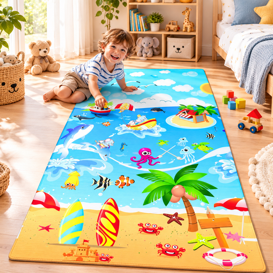 Covor interactiv pentru copii IDL My Summer Beach 2019, DIMENSIUNI: 200 x 180 x 0.5 cm, Stimuleaza simturile, invata si incurajeaza jocul creativ, Culori vii cu printuri de poveste, Asigura o izolare termica excelenta, Albastru