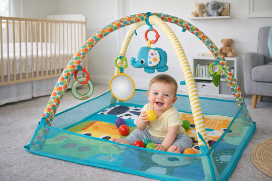 Centru de activitati tip covoras Educational cu 10 bile colorate idealSTORE Bubble Splash Time, Echipat cu accesorii simbolice