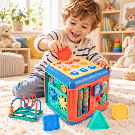 Cub Educativ idealStore PlayAndLearn 6 in 1, Multifunctional, Functii Diversificate, Multitudine de Jocuri, Jucarii Element Colorate, Figuri Geometrice Rezistente, Angrejane Rotative, Structura Solida, Bucla Motorie
