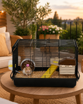Cusca pentru rozatoare idealSTORE, 4 niveluri, Structura din otel, Casuta, Roata de  alergare, 2 Rampe, Hranitor, Adapator, Maner transport, 50 X 46 X 29 cm, Negru
