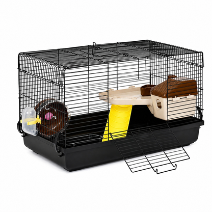 Cusca pentru rozatoare idealSTORE, 4 niveluri, Structura din otel, Casuta, Roata de  alergare, 2 Rampe, Hranitor, Adapator, Maner transport, 50 X 46 X 29 cm, Negru