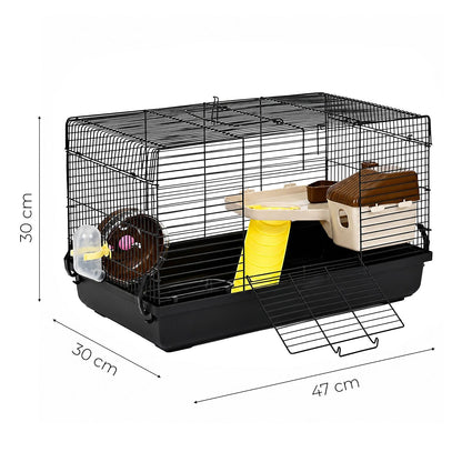 Cusca pentru rozatoare idealSTORE, 4 niveluri, Structura din otel, Casuta, Roata de  alergare, 2 Rampe, Hranitor, Adapator, Maner transport, 50 X 46 X 29 cm, Negru