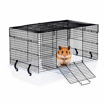 Cusca pentru hamsteri si rozatoare mici idealSTORE, 47X30X30 cm, Constructie metalica, Baza detasabila, Usa laterala, Maner pentru transport, 4 Cleme de fixare, Negru