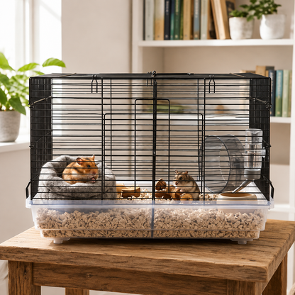 Cusca pentru hamsteri si rozatoare mici idealSTORE, 47X30X30 cm, Constructie metalica, Baza detasabila, Usa laterala, Maner pentru transport, 4 Cleme de fixare, Negru