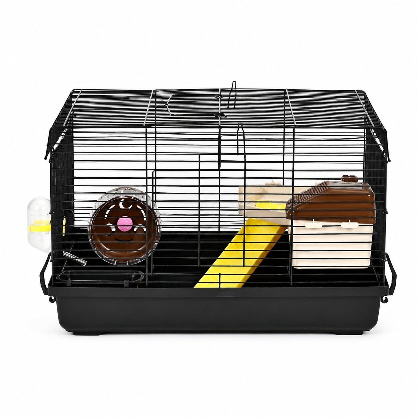 Cusca pentru rozatoare idealSTORE, 4 niveluri, Structura din otel, Casuta, Roata de  alergare, 2 Rampe, Hranitor, Adapator, Maner transport, 50 X 46 X 29 cm, Negru