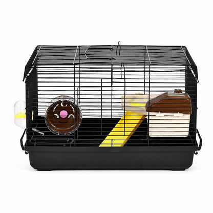 Cusca pentru rozatoare idealSTORE, 4 niveluri, Structura din otel, Casuta, Roata de  alergare, 2 Rampe, Hranitor, Adapator, Maner transport, 50 X 46 X 29 cm, Negru