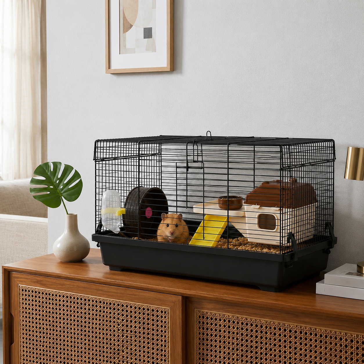 Cusca pentru rozatoare idealSTORE, 4 niveluri, Structura din otel, Casuta, Roata de  alergare, 2 Rampe, Hranitor, Adapator, Maner transport, 50 X 46 X 29 cm, Negru