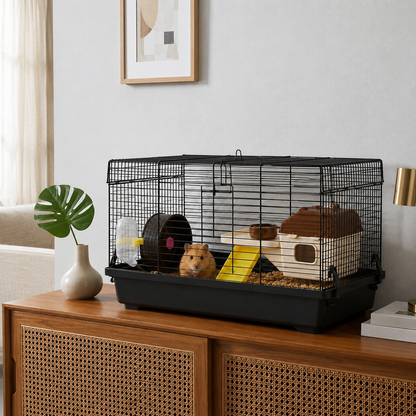 Cusca pentru rozatoare idealSTORE, 4 niveluri, Structura din otel, Casuta, Roata de  alergare, 2 Rampe, Hranitor, Adapator, Maner transport, 50 X 46 X 29 cm, Negru