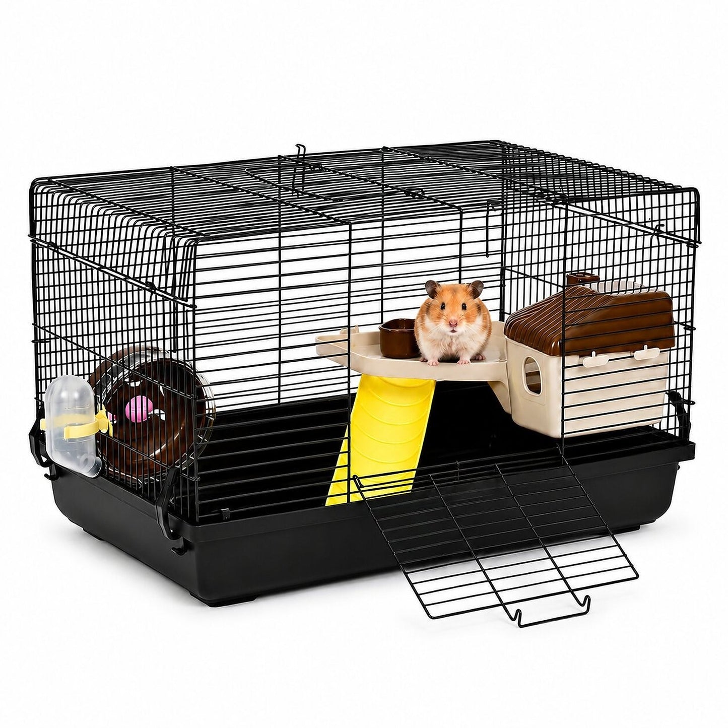 Cusca pentru rozatoare idealSTORE, 4 niveluri, Structura din otel, Casuta, Roata de  alergare, 2 Rampe, Hranitor, Adapator, Maner transport, 50 X 46 X 29 cm, Negru