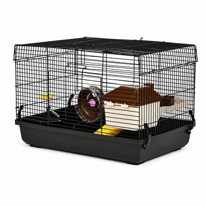 Cusca pentru rozatoare idealSTORE, 4 niveluri, Structura din otel, Casuta, Roata de  alergare, 2 Rampe, Hranitor, Adapator, Maner transport, 50 X 46 X 29 cm, Negru