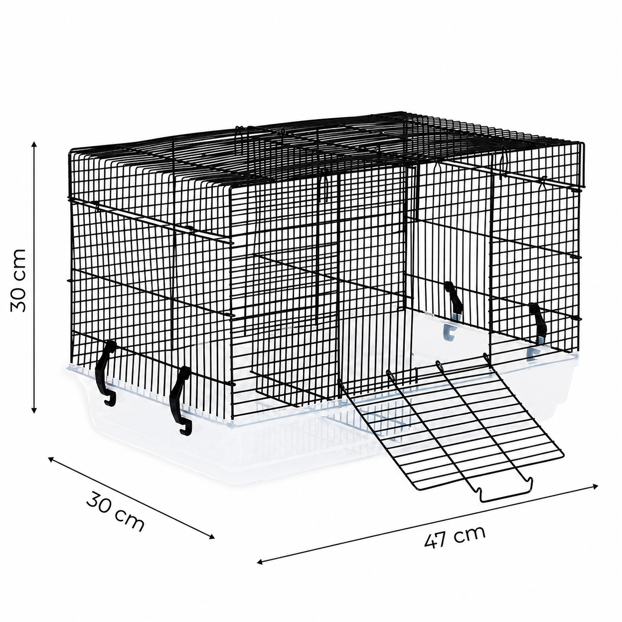 Cusca pentru hamsteri si rozatoare mici idealSTORE, 47X30X30 cm, Constructie metalica, Baza detasabila, Usa laterala, Maner pentru transport, 4 Cleme de fixare, Negru