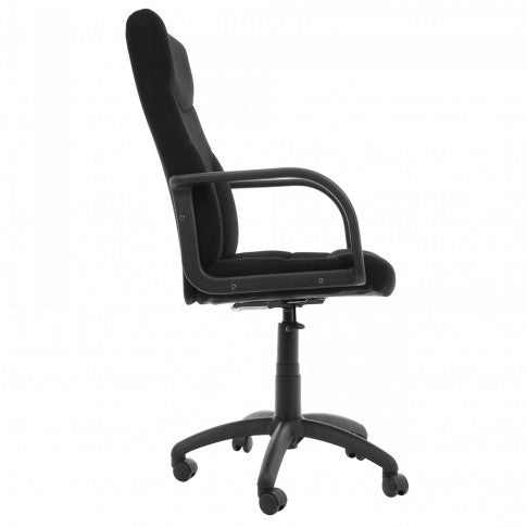 Scaun birou directorial idealSTORE Profesional Ankara, recomandat pentru utlizare profesionala, sezut si spatar din lemn straficat, tapiterie din stofa neagra