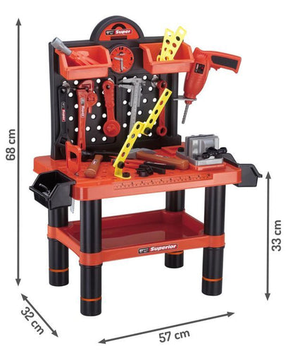 Banc de lucru pentru copii ECOTOYS, 68 x 57 cm, bormasina cu baterii si 50 accesorii incluse