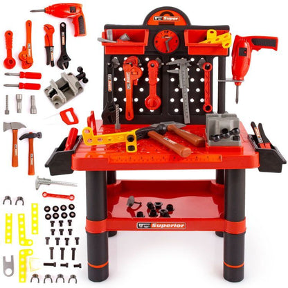 Banc de lucru pentru copii ECOTOYS, 68 x 57 cm, bormasina cu baterii si 50 accesorii incluse