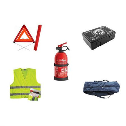 KIT SIGURANTA AUTO # - trusa, triunghi, stingator reincarcabil, vesta + geanta depozitare CADOU