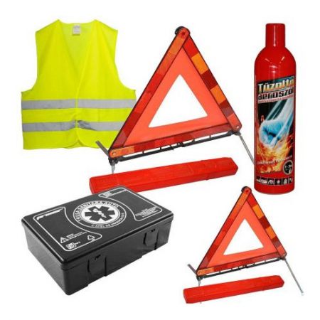 Kit siguranta auto omologat R.A.R - CADOU Odorizant de masina - Trusa medicala, 2 x Triunghi reflectorizant, stingator tip Spray, Vesta
