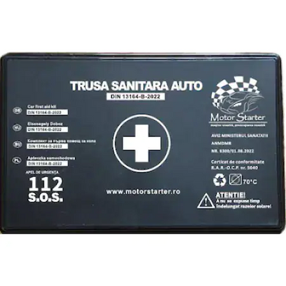 KIT auto obligatoriu omologat - Trusa Medicala, 2xTriunghiuri, stingator cu pulbere cu manometru P1(cu suport de prindere), Vesta + Geanta Depozitare CADOU