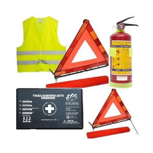 KIT auto obligatoriu omologat - Trusa Medicala, 2xTriunghiuri, stingator cu pulbere cu manometru P1(cu suport de prindere), Vesta + Geanta Depozitare CADOU