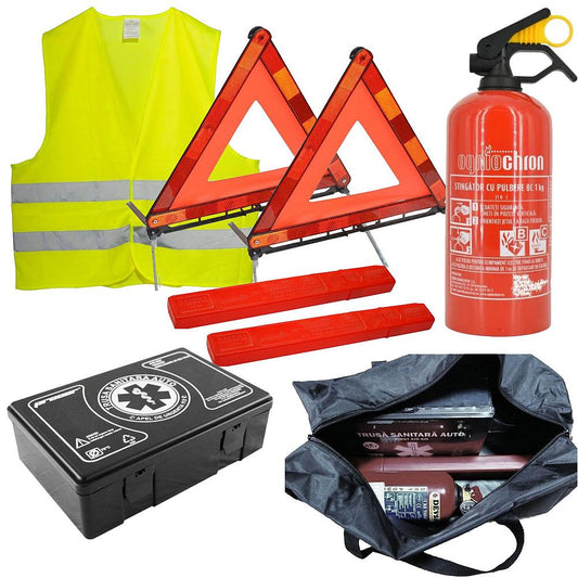 Kit siguranta auto Premium Motor Starter certificat R.A.R, Trusa prim ajutor, 2 X Triunghi, Stingator reincarcabil P1, Vesta reflectorizanta, Geanta Premium inclusa, Suport telefon Cadou