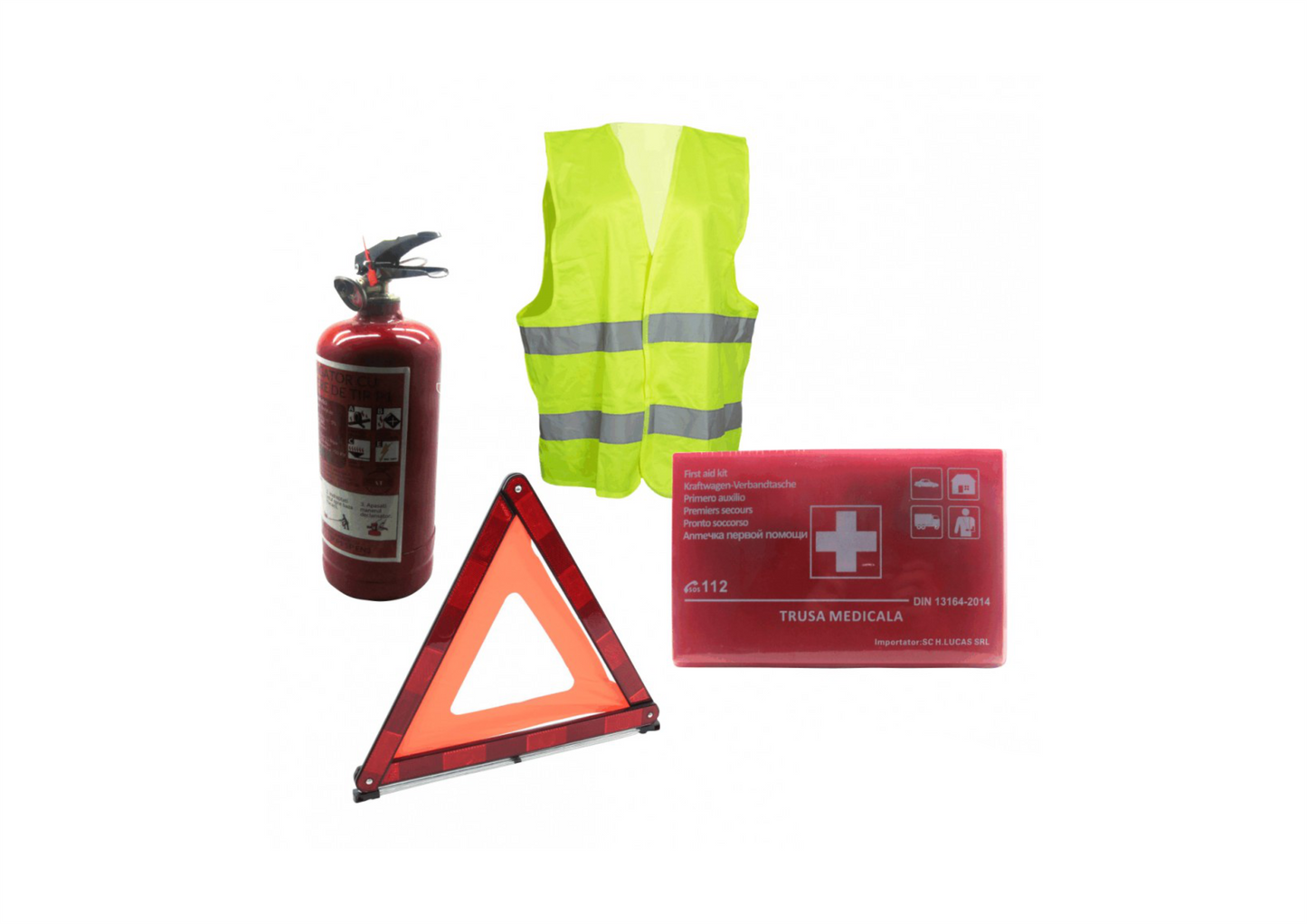 Kit de siguranta obligatoriu, cu stingator cu pulbere, triunghi reflectorizant, trusa sanitara, vesta reflectorizanta
