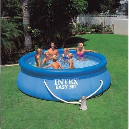 Piscina gonflabila Family rotunda Intex Easy Set, dimensiune 396 x 84 cm, cu pompa de filtrare si recilculare, kit de reparatie inclus, instalare rapida si usoara, ideala pentru toata familia