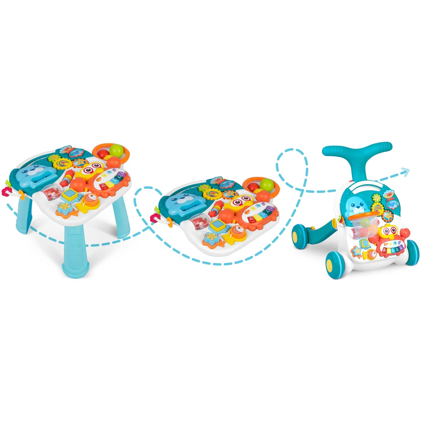 Antemergator 2 in 1 DacEnergy, cu masa si tabla educationala, pian detasabil, cos cu mingi, alb si albastru, 42 x 42 x 50,5 cm