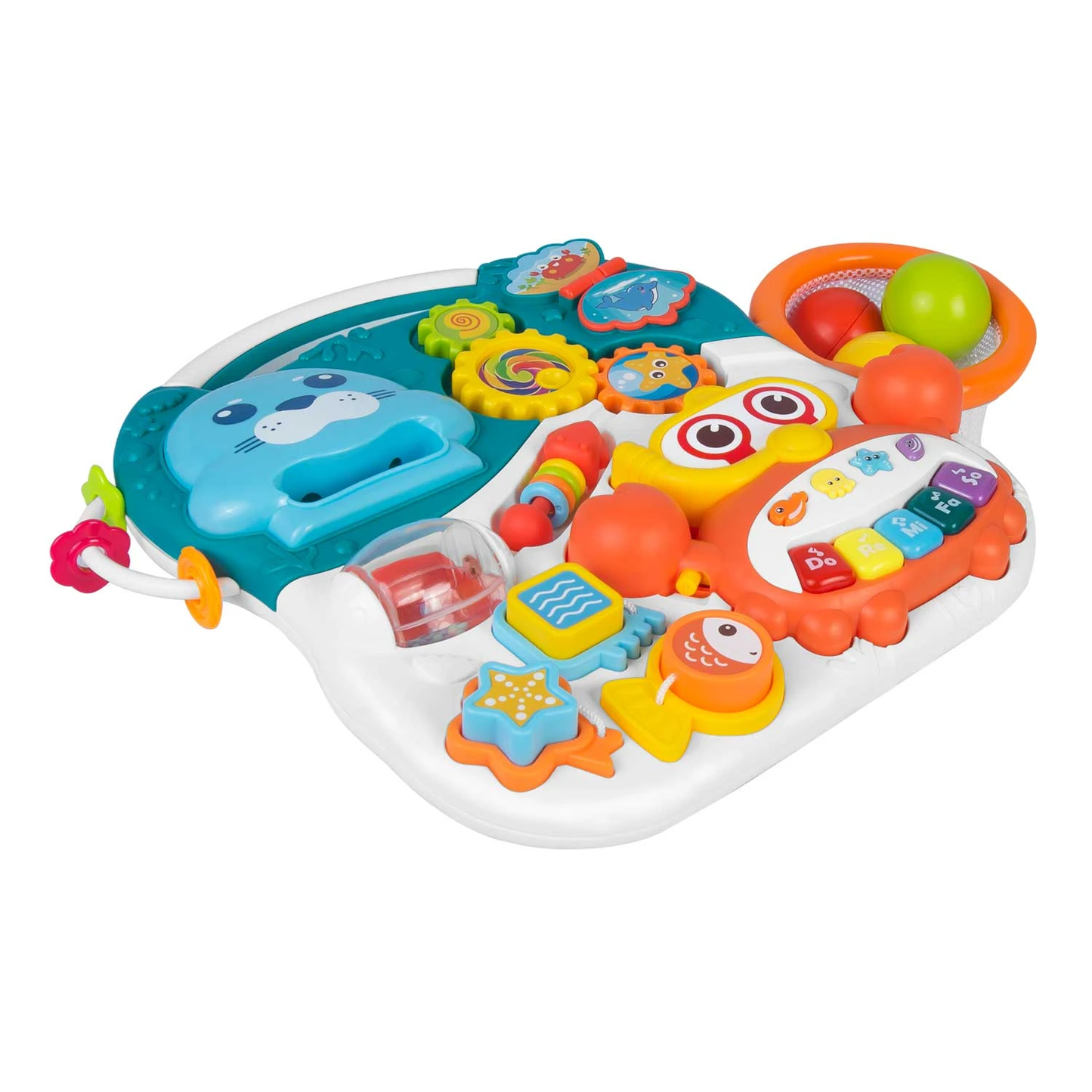 Antemergator 2 in 1 DacEnergy, cu masa si tabla educationala, pian detasabil, cos cu mingi, alb si albastru, 42 x 42 x 50,5 cm