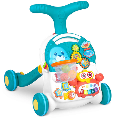 Antemergator 2 in 1 DacEnergy, cu masa si tabla educationala, pian detasabil, cos cu mingi, alb si albastru, 42 x 42 x 50,5 cm