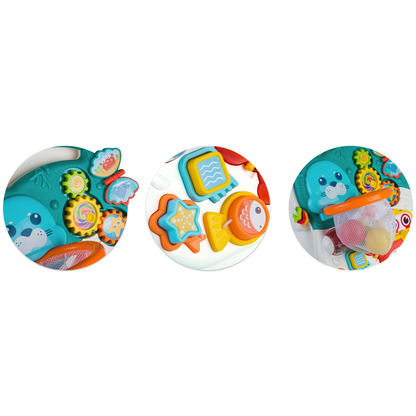 Antemergator 2 in 1 DacEnergy, cu masa si tabla educationala, pian detasabil, cos cu mingi, alb si albastru, 42 x 42 x 50,5 cm