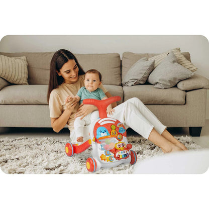 Antemergator 2 in 1 IMK, cu masa si tabla educationala, maner reglabil, roti cauciucate, cos detasabil, alb/rosu, 50.5 x 42 x cm