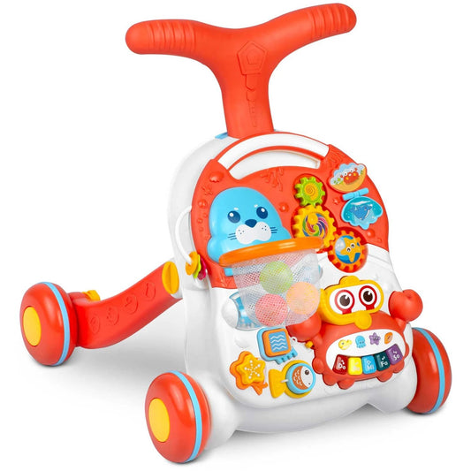 Antemergator 2 in 1 IMK, cu masa si tabla educationala, maner reglabil, roti cauciucate, cos detasabil, alb/rosu, 50.5 x 42 x cm