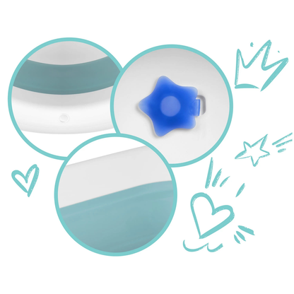 Cadita pliabila pentru baie copii DacEnergy, pliabila, picioare antiderapante, dop senzor de temperatura, maxim 45 kg, 50 x 21 cm, albastra si alb