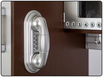 Set bucatarie copii DacEnergy, realizata din lemn si placa mdf, frigider cu tabla de scris, congelator, cuptor cu microune, telefon, aragaz si cuptor, chiuveta, 92 x 82,5 x 30 cm, gri si maro