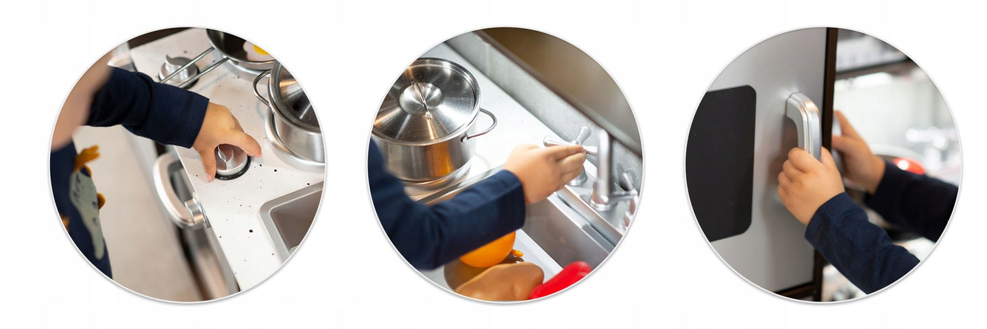 Set bucatarie copii DacEnergy, realizata din lemn si placa mdf, frigider cu tabla de scris, congelator, cuptor cu microune, telefon, aragaz si cuptor, chiuveta, 92 x 82,5 x 30 cm, gri si maro