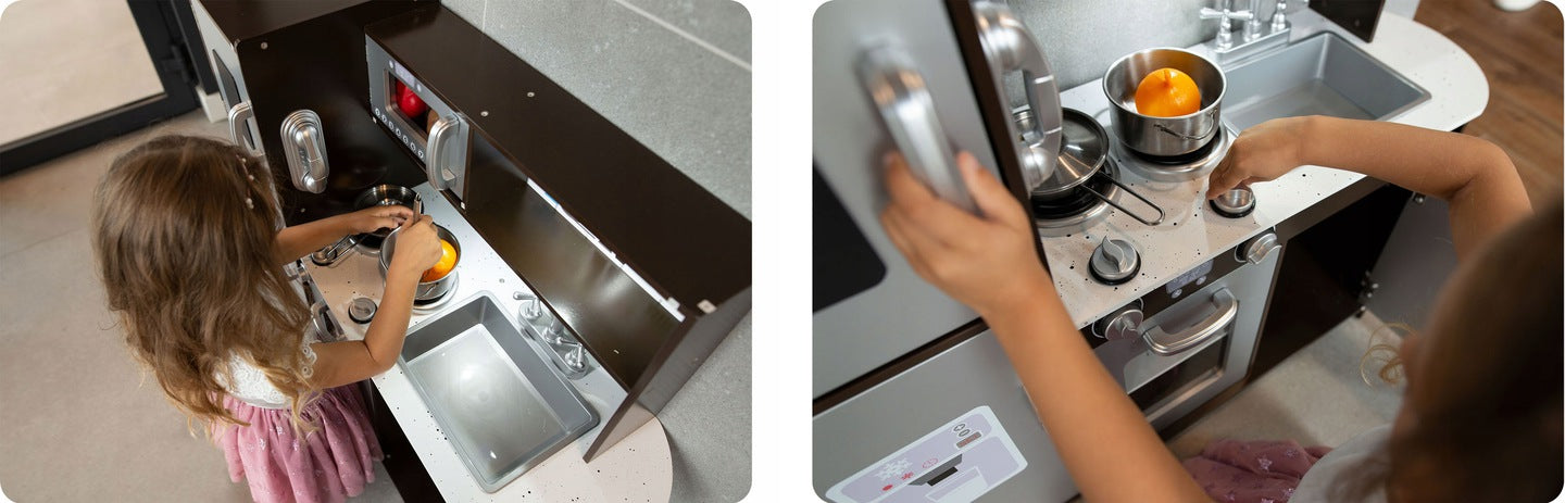 Set bucatarie copii DacEnergy, realizata din lemn si placa mdf, frigider cu tabla de scris, congelator, cuptor cu microune, telefon, aragaz si cuptor, chiuveta, 92 x 82,5 x 30 cm, gri si maro