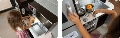 Set bucatarie copii DacEnergy, realizata din lemn si placa mdf, frigider cu tabla de scris, congelator, cuptor cu microune, telefon, aragaz si cuptor, chiuveta, 92 x 82,5 x 30 cm, gri si maro