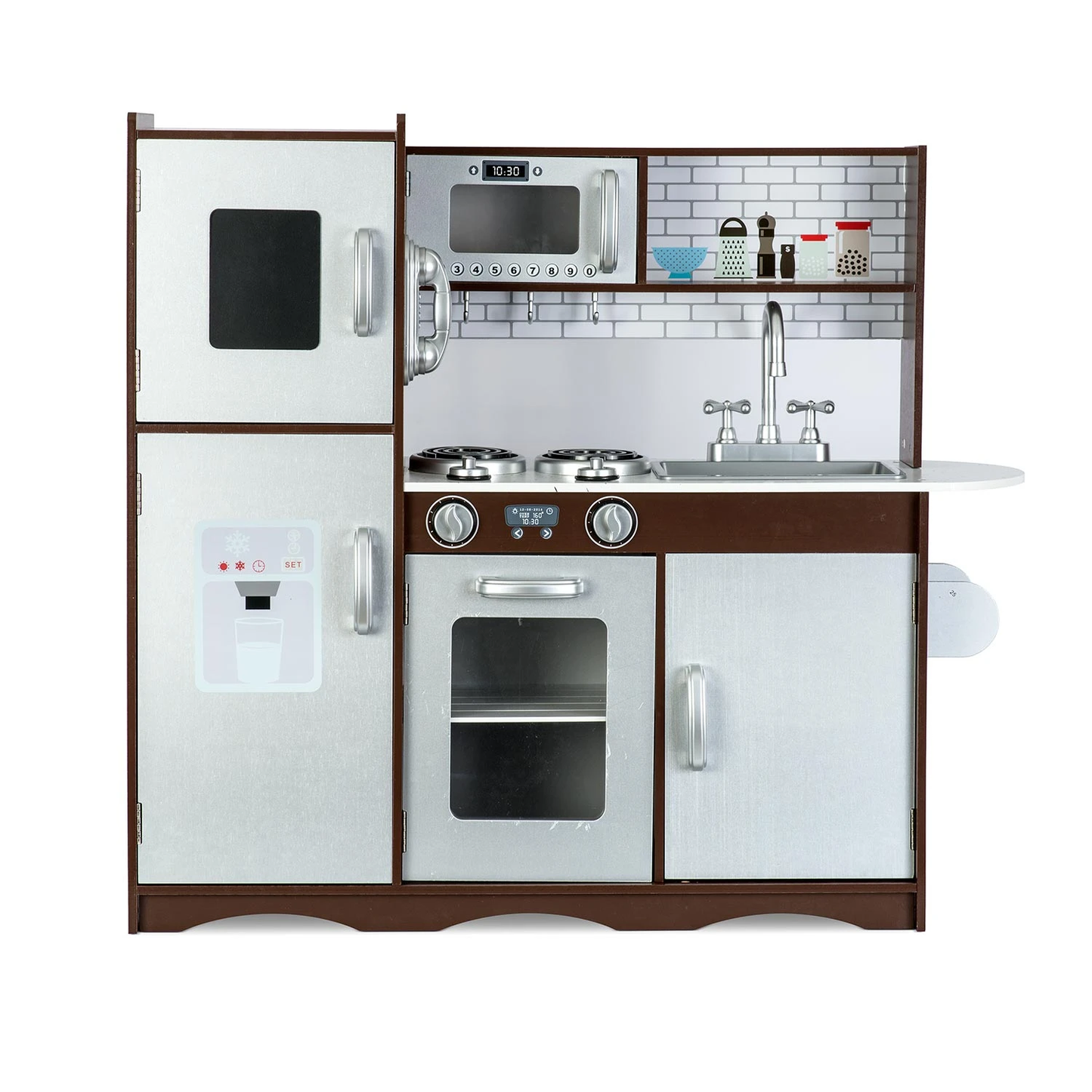 Set bucatarie copii DacEnergy, realizata din lemn si placa mdf, frigider cu tabla de scris, congelator, cuptor cu microune, telefon, aragaz si cuptor, chiuveta, 92 x 82,5 x 30 cm, gri si maro